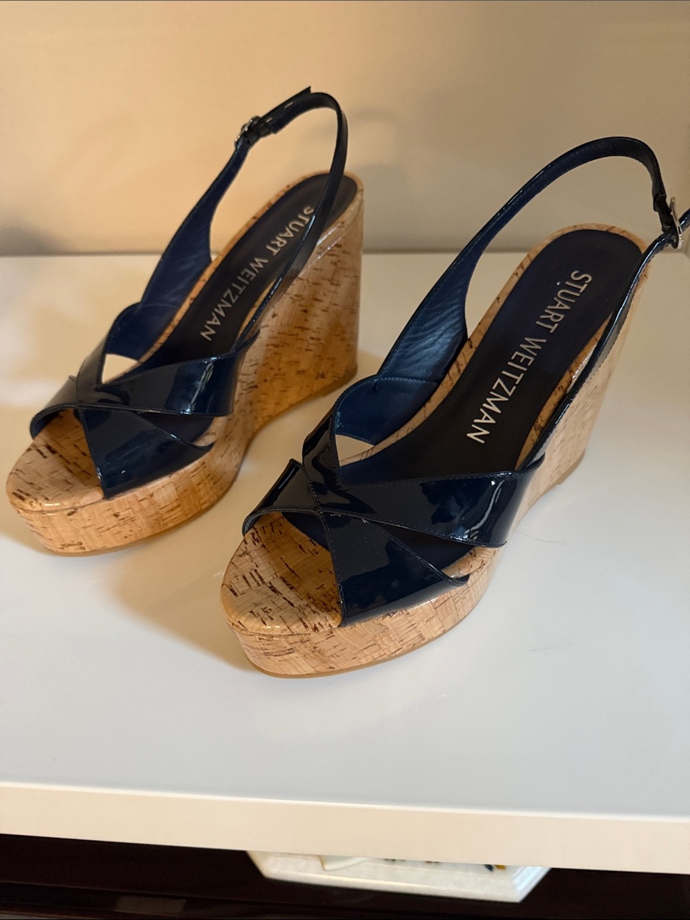 Stuart Weitzman Carmen Patent Cork Wedge  in navy - Picture 5 of 7